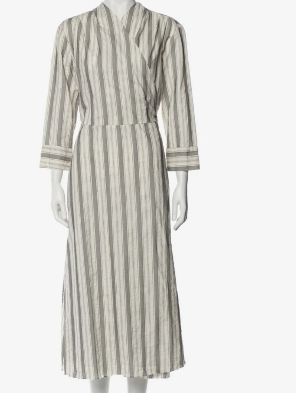 Aequamente White and Gray Cotton Striped  Wrap Dress Italy Sz 42/XL